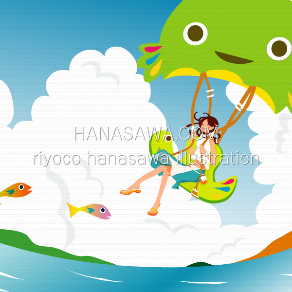 RiyocoHanasawa-ILLUSTRATION/2005・魚のパラシュートで海の上を飛ぶ女の子