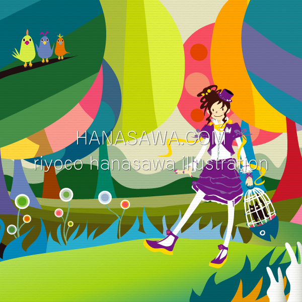 RiyocoHanasawa-ILLUSTRATION/2005・森の中を歩く女の子、魚の籠に黒猫