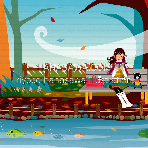 RiyocoHanasawa-ILLUSTRATION/2005・公園のベンチで読書する女の子とクマ、ネズミたちがクルミを運んでいる