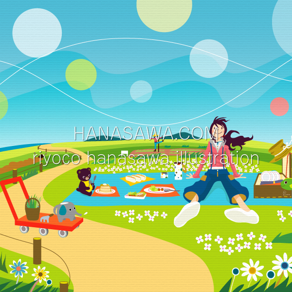 RiyocoHanasawa-ILLUSTRATION/2006・青空の下ピクニックをする女の子とパンケーキを食べるクマ