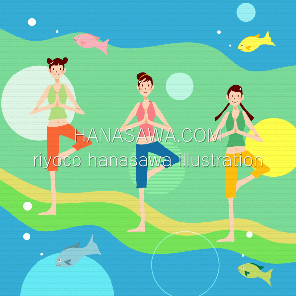 RiyocoHanasawa-ILLUSTRATION/2006・水中ヨガをする女性3人と魚