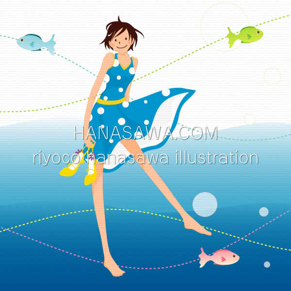 RiyocoHanasawa-ILLUSTRATION/2006・水玉ワンピースを着た女の子と魚-夏