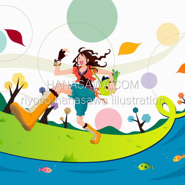 RiyocoHanasawa-ILLUSTRATION/2006・魚バッグを持った女の子が秋風に乗って走る