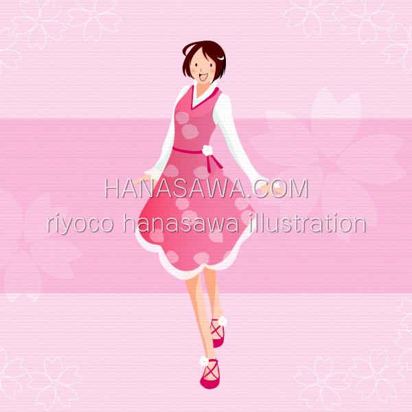 RiyocoHanasawa-ILLUSTRATION/2007・桜ワンピースを着る女の子-春