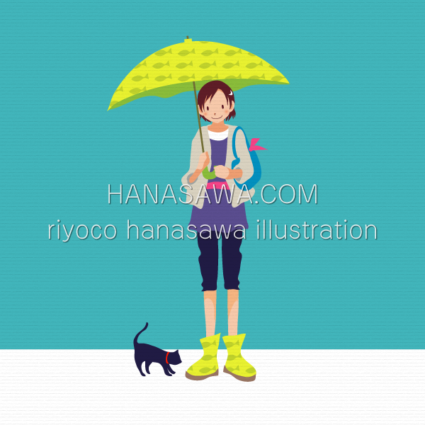 RiyocoHanasawa-ILLUSTRATION/2007・魚柄の傘と長靴を履いた女の子と黒猫、雨