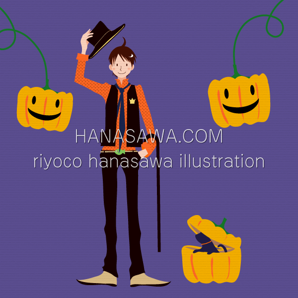 RiyocoHanasawa-ILLUSTRATION/2007・かぼちゃと男の子と黒猫-秋、ハロウィン