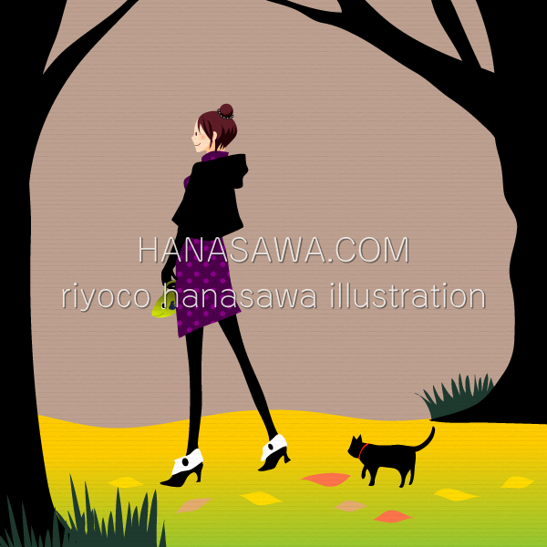 RiyocoHanasawa-ILLUSTRATION/2007・森の中を黒猫と歩く女の子-秋