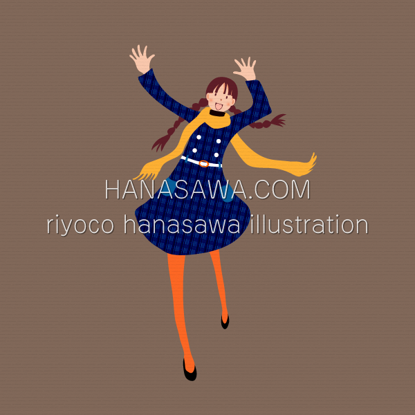 RiyocoHanasawa-ILLUSTRATION/2007・紺のコートワンピースを着た三つ編みの女の子が両手を振っている-冬