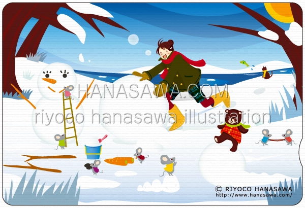 RiyocoHanasawa-ILLUSTRATION/WEBショップ販促品・クオカード-3月・みんなで雪だるま作ろう、女の子、クマ、ねずみ、黒猫