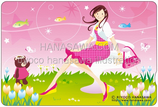 RiyocoHanasawa-ILLUSTRATION/WEBショップ販促品・クオカード-5月・春服の女の子と魚とクマ