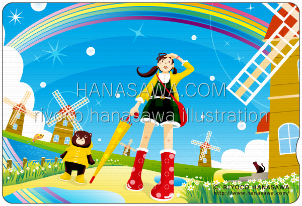 RiyocoHanasawa-ILLUSTRATION/WEBショップ販促品・クオカード-6月・雨上がりの虹を見る女の子とクマの子