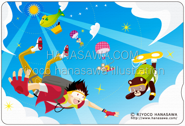 RiyocoHanasawa-ILLUSTRATION/WEBショップ販促品・クオカード-7月・みんなでスカイダイビング、男の子、クマ、ねずみ、黒猫