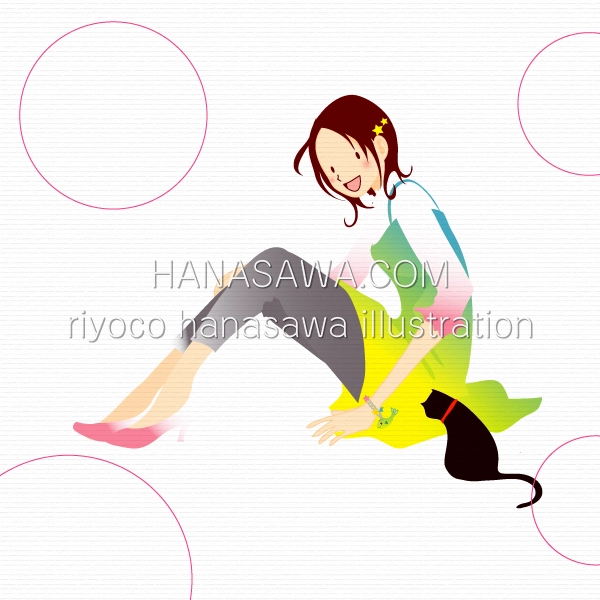 RiyocoHanasawa-ILLUSTRATION/2008・春服の女の子、魚チャームと黒猫