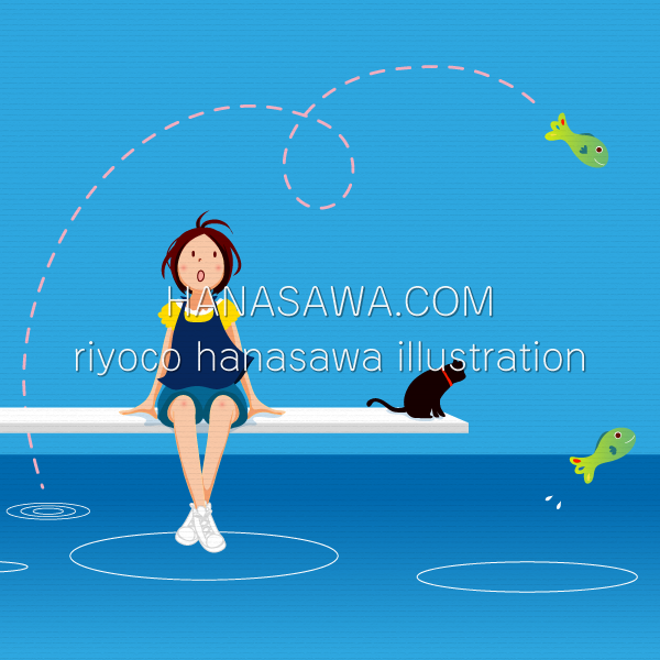 RiyocoHanasawa-ILLUSTRATION/2008・飛び込み台に座る女の子と黒猫、飛ぶ魚