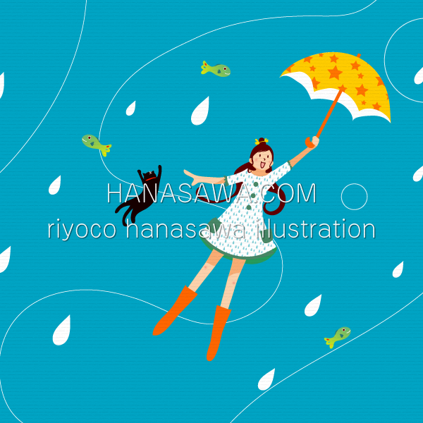 RiyocoHanasawa-ILLUSTRATION/2008・雨の中、傘をさして飛んでいく女の子、魚を追って飛ぶ黒猫