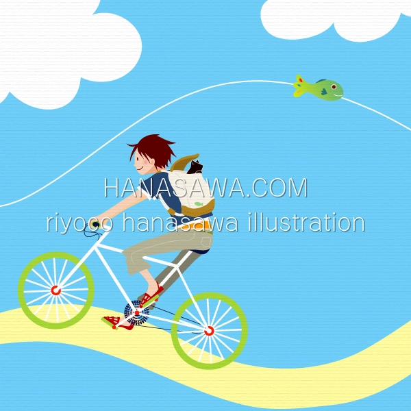 RiyocoHanasawa-ILLUSTRATION/2008・自転車に乗る男の子と黒猫、飛ぶ魚