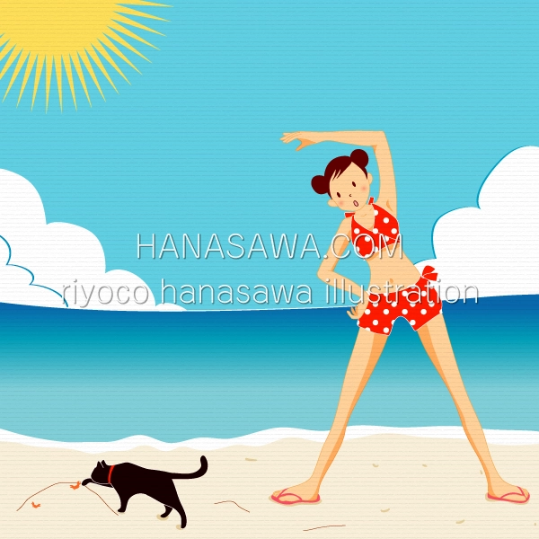 RiyocoHanasawa-ILLUSTRATION/2008・浜辺で水着を着て準備体操をする女の子、カニと遊ぶ黒猫