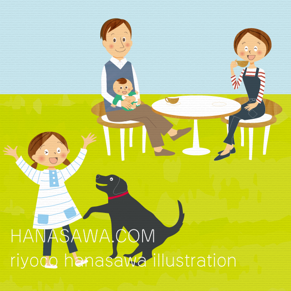 RiyocoHanasawa-ILLUSTRATION/2010エアサイクル冊子・庭で楽しそうにしている4人家族（パパとママ、娘と赤ちゃん）と大型犬
