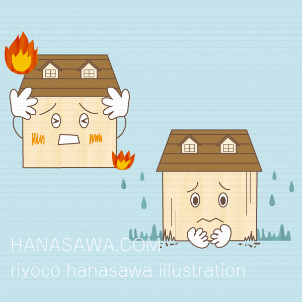 RiyocoHanasawa-ILLUSTRATION/2010エアサイクル冊子・家が燃えている図、湿気で腐っている図