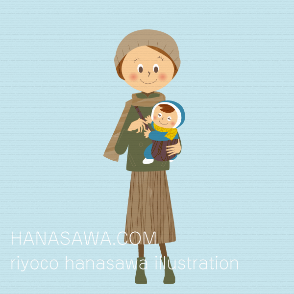RiyocoHanasawa-ILLUSTRATION/2010エアサイクル冊子・冬服を着たママと赤ちゃん