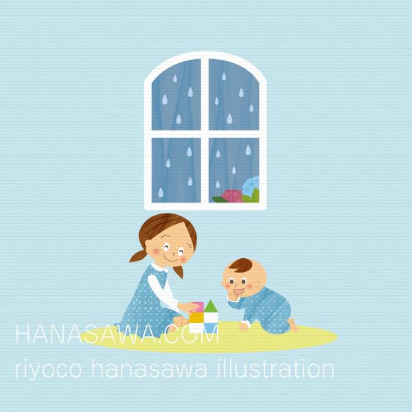 RiyocoHanasawa-ILLUSTRATION/2010エアサイクル冊子・ジメジメした季節でも室内で快適に遊ぶ娘と赤ちゃん