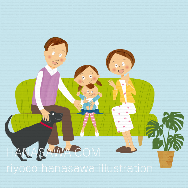 RiyocoHanasawa-ILLUSTRATION/2010エアサイクル冊子・ソファで楽しそうにしている4人家族（パパとママ、娘と赤ちゃん）と大型犬