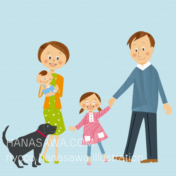 RiyocoHanasawa-ILLUSTRATION/2010エアサイクル冊子・嬉しそうな4人家族(パパと娘、ママと赤ちゃん)と大型犬