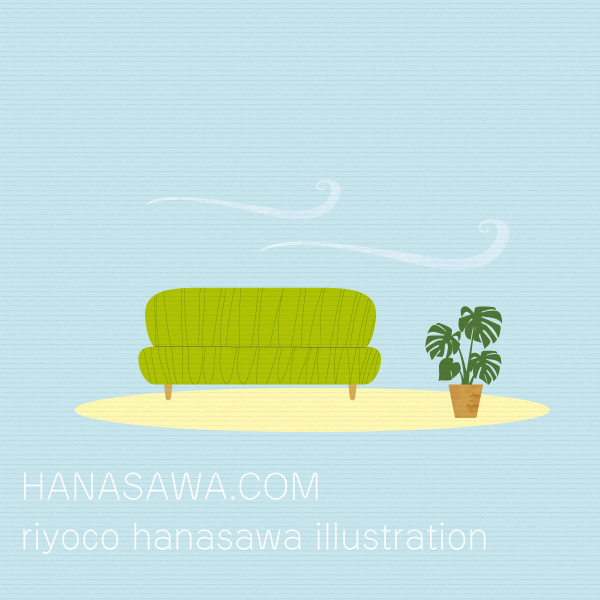 RiyocoHanasawa-ILLUSTRATION/2010エアサイクル冊子・快適空間にあるソファと観葉植物