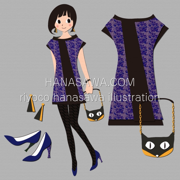 RiyocoHanasawa-ILLUSTRATION/2014・秋服の女の子、猫バッグ、紫レースワンピース