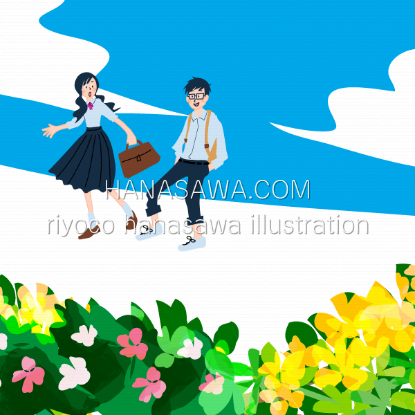 RiyocoHanasawa-ILLUSTRATION/2016・夏空の下を歩く学制服を着た女の子と男の子