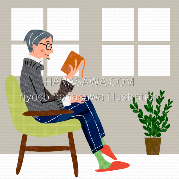 RiyocoHanasawa-ILLUSTRATION/2017・窓辺のソファで読書する高齢男性