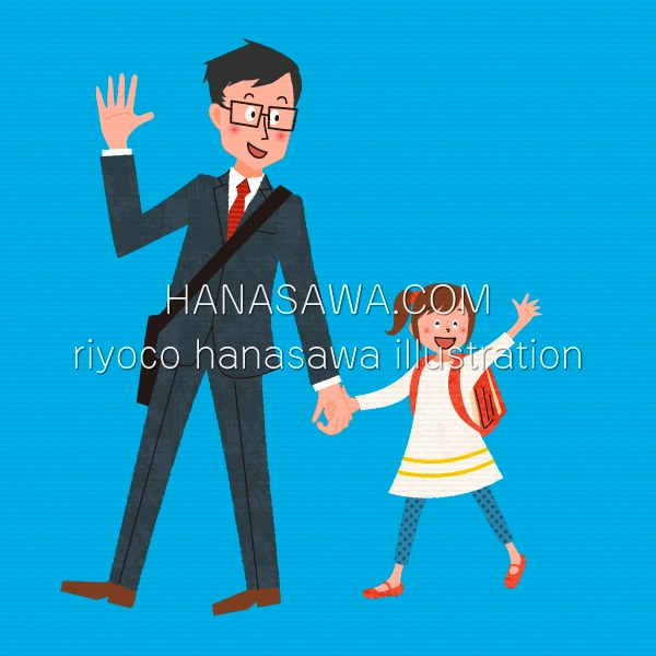 RiyocoHanasawa-ILLUSTRATION/2017・手を振り挨拶をしながら歩くパパと娘