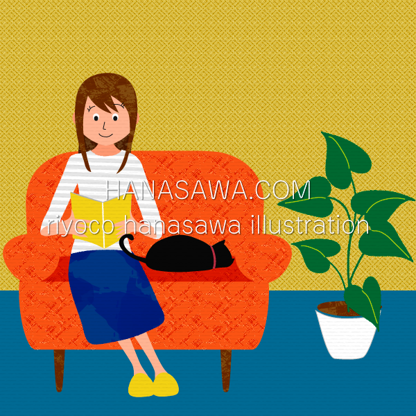 RiyocoHanasawa-ILLUSTRATION/2018・ソファでくつろぐ猫と読書する女性