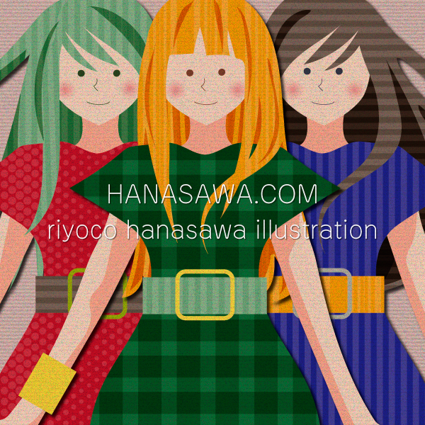 RiyocoHanasawa-ILLUSTRATION/2020・緑髪で赤ドットワンピースの女の子、黄髪で緑チェックワンピースの女の子、黒髪で青ストライプワンピースの女の子