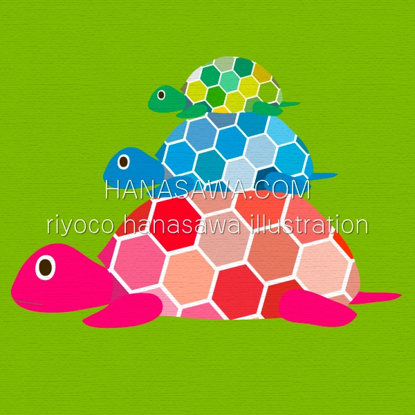 RiyocoHanasawa-ILLUSTRATION/animal・3匹のカメ・赤亀の背中に青亀、青亀の背中に緑亀