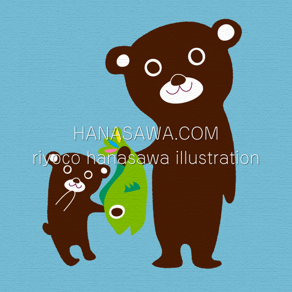RiyocoHanasawa-ILLUSTRATION/animal・魚を手に持つ親熊とそれを見る子熊