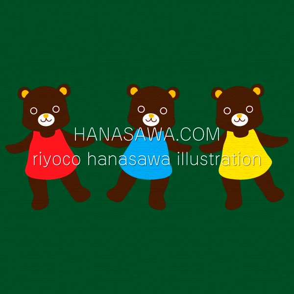 RiyocoHanasawa-ILLUSTRATION/animal・服を着た3匹のクマの子、赤青黄