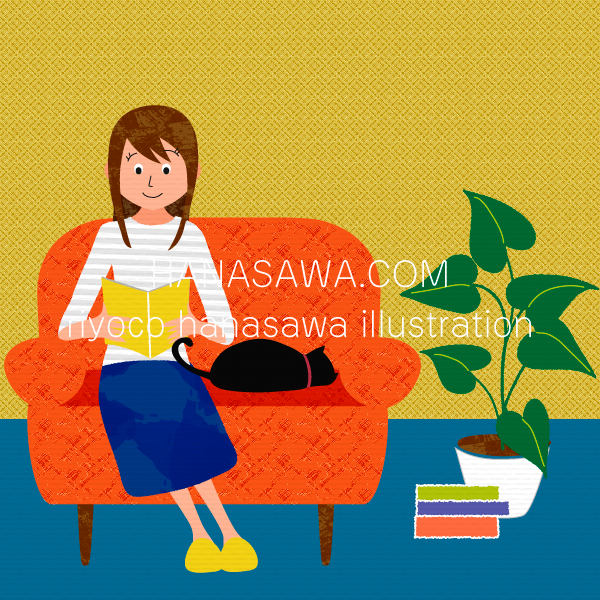 RiyocoHanasawa-ILLUSTRATION/2018・ソファで寝る猫と隣で本を読む女性、リラックスタイム