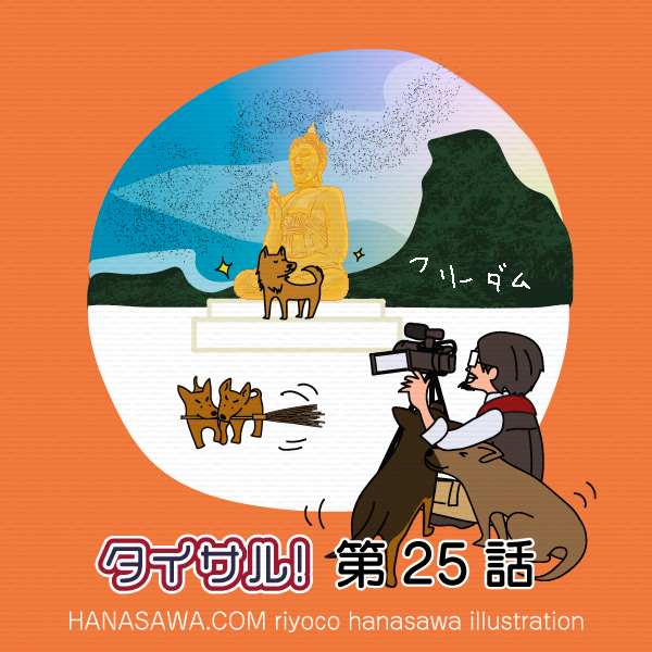 タイサル！第25話TwitterPR-お寺の仏像前でコウモリ集団飛翔を撮影する豊田博士と自由に遊ぶ犬たち